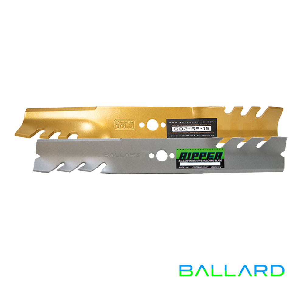 MULCHING Mower Blades: 15.4" Long, .65" Center Hole, 2.25" Wide (Two Blade System) image number null